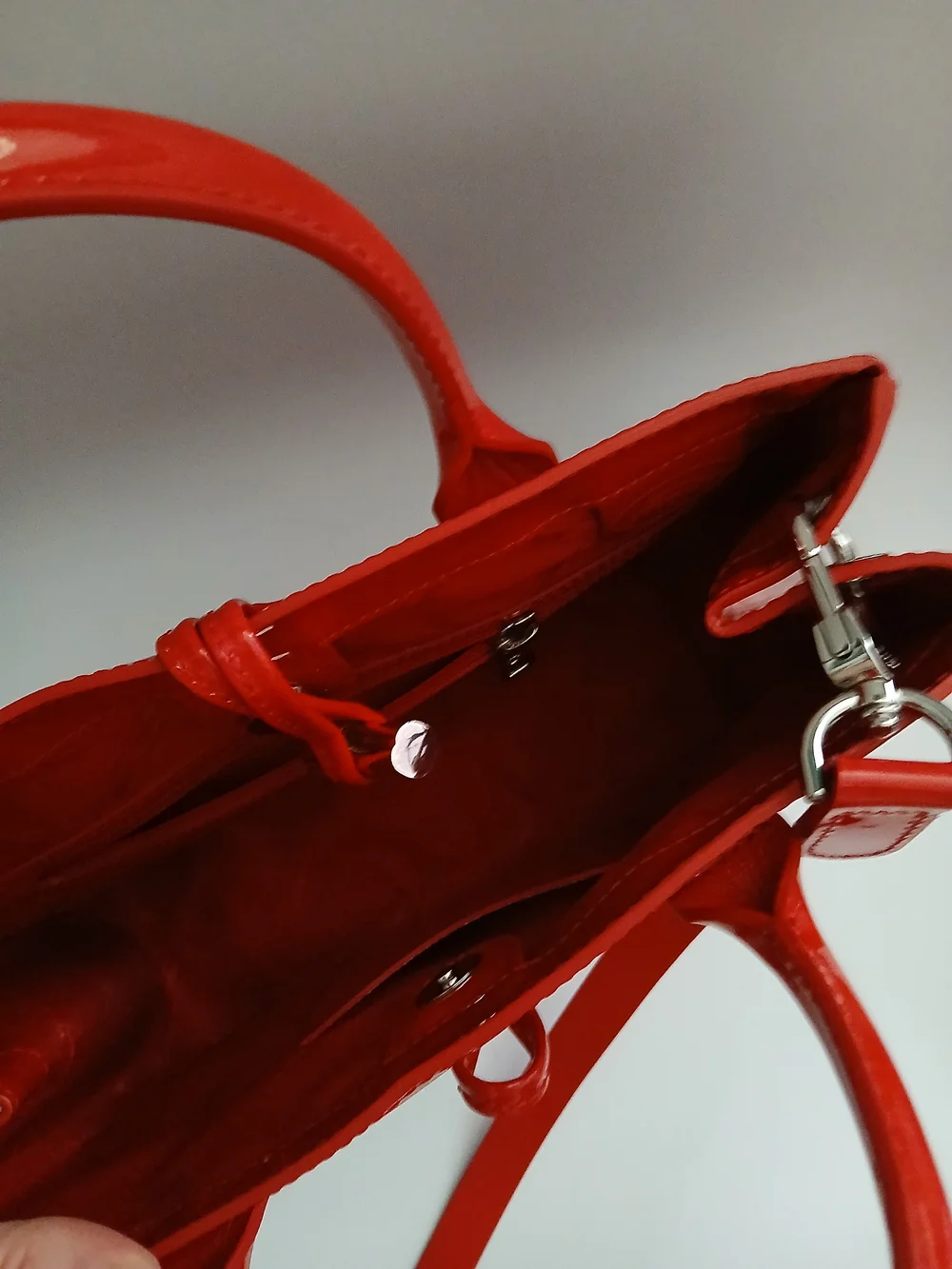 Longchamp Red Patent Leather Satchel with Detachable Strap, Silver Hardware - Picture 3 of 6